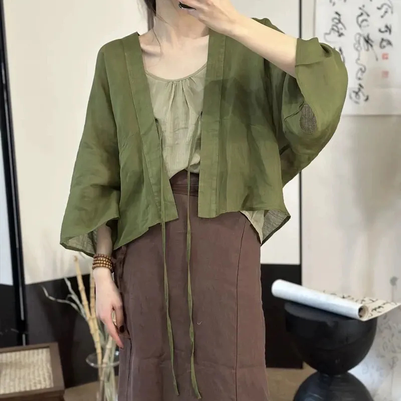 Linen Fabric Natural - Cardigã de algodão e linho fino