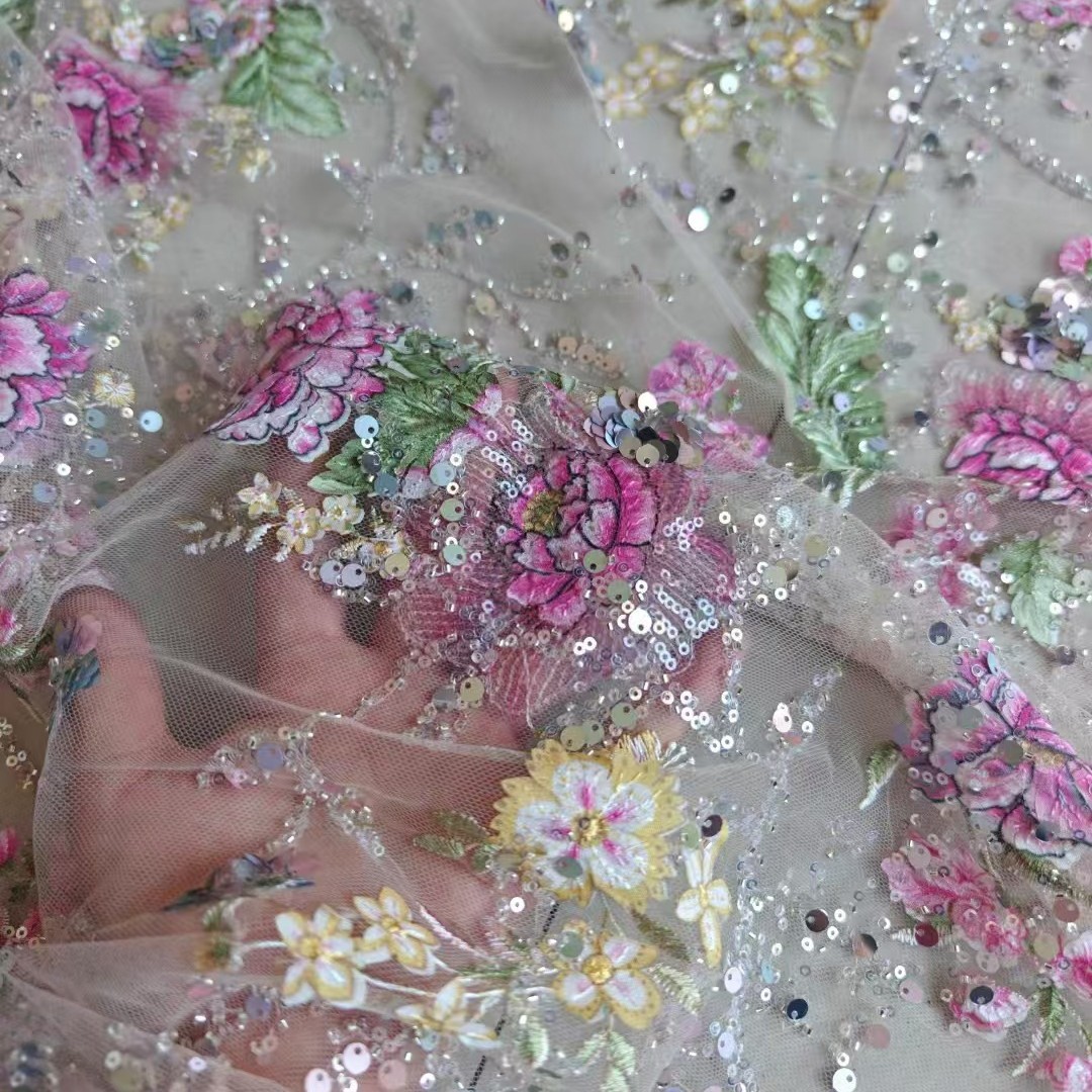 Embroidery Gradient - Tecido de Renda Luxuosa com Contas