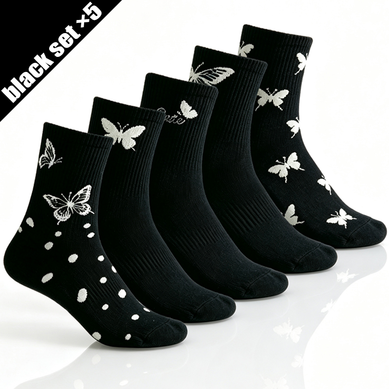 Embroidery Alphabet Designs - 5 pares de meias femininas pretas