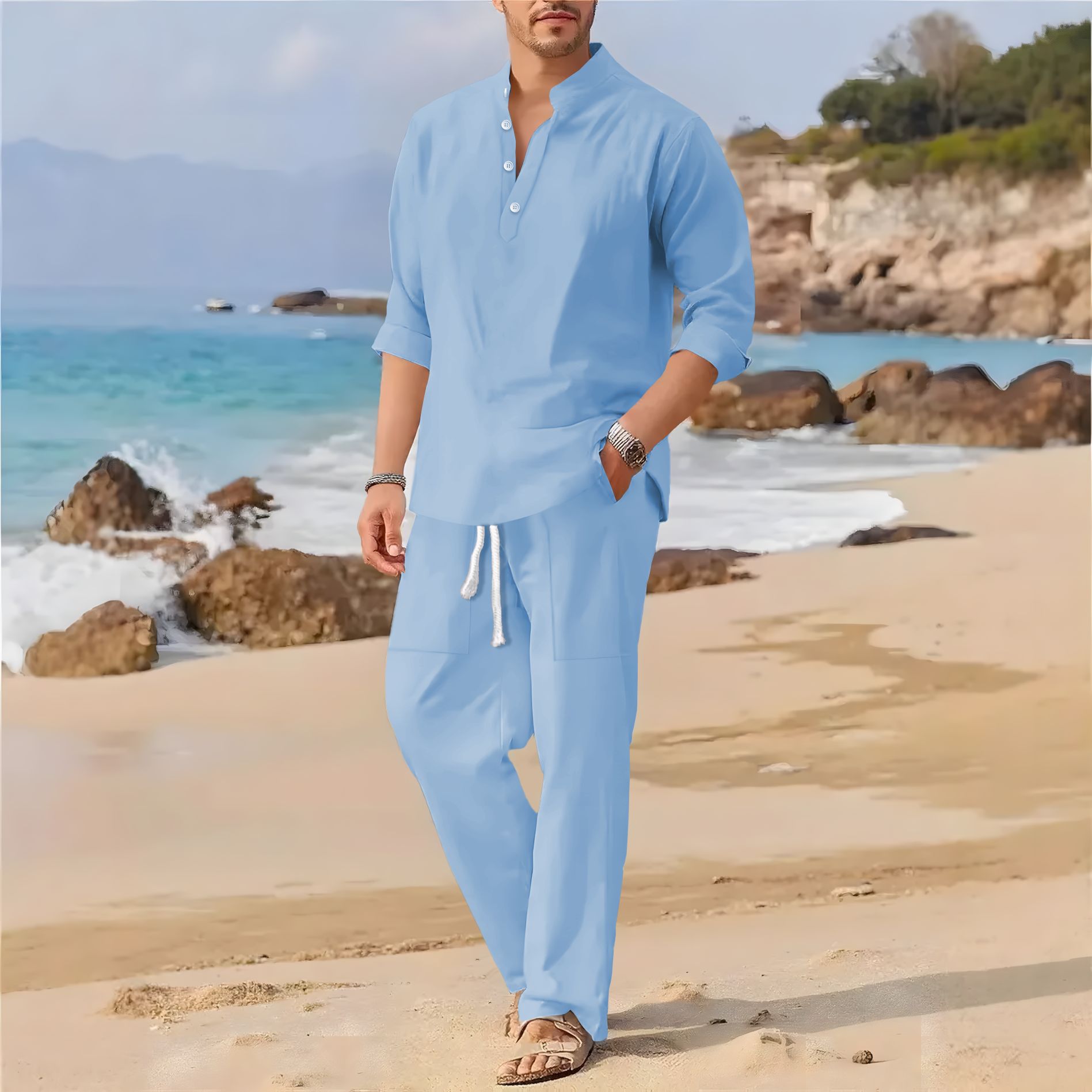 Terno casual masculino retrô d - Linen Fabric Natural avaliação e preço