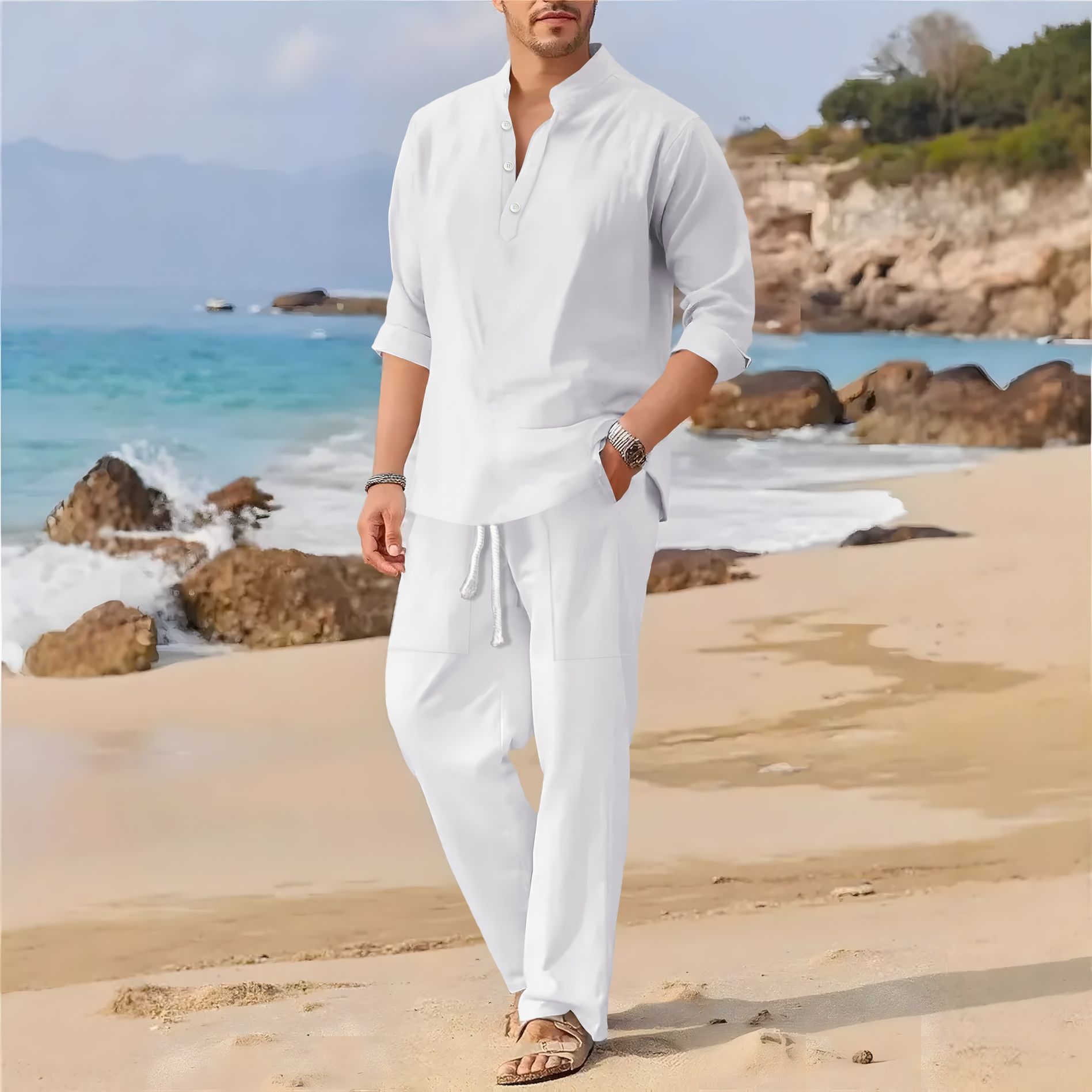 Terno casual masculino retrô d - Linen Fabric Natural avaliação e preço