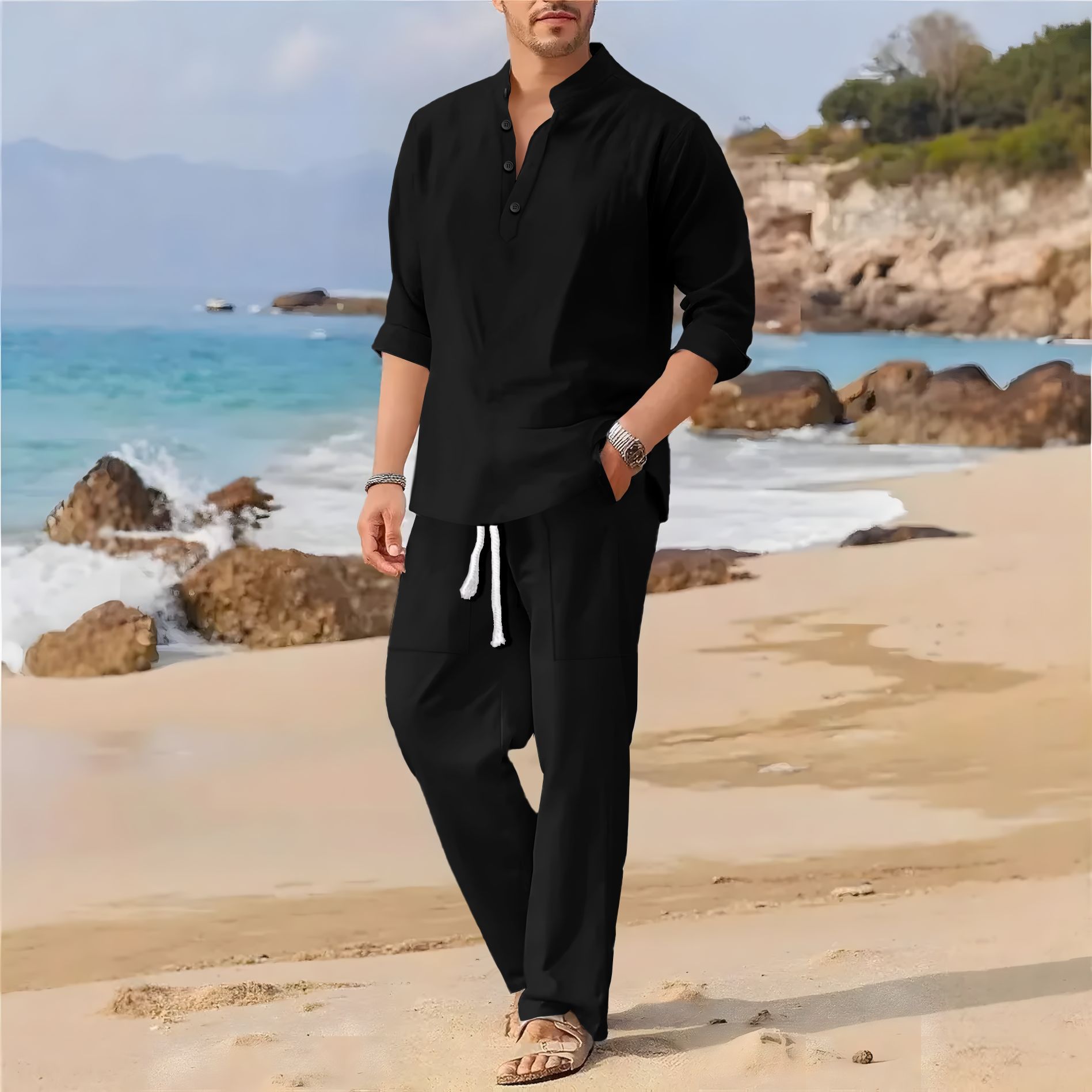 Terno casual masculino retrô d - Linen Fabric Natural avaliação e preço