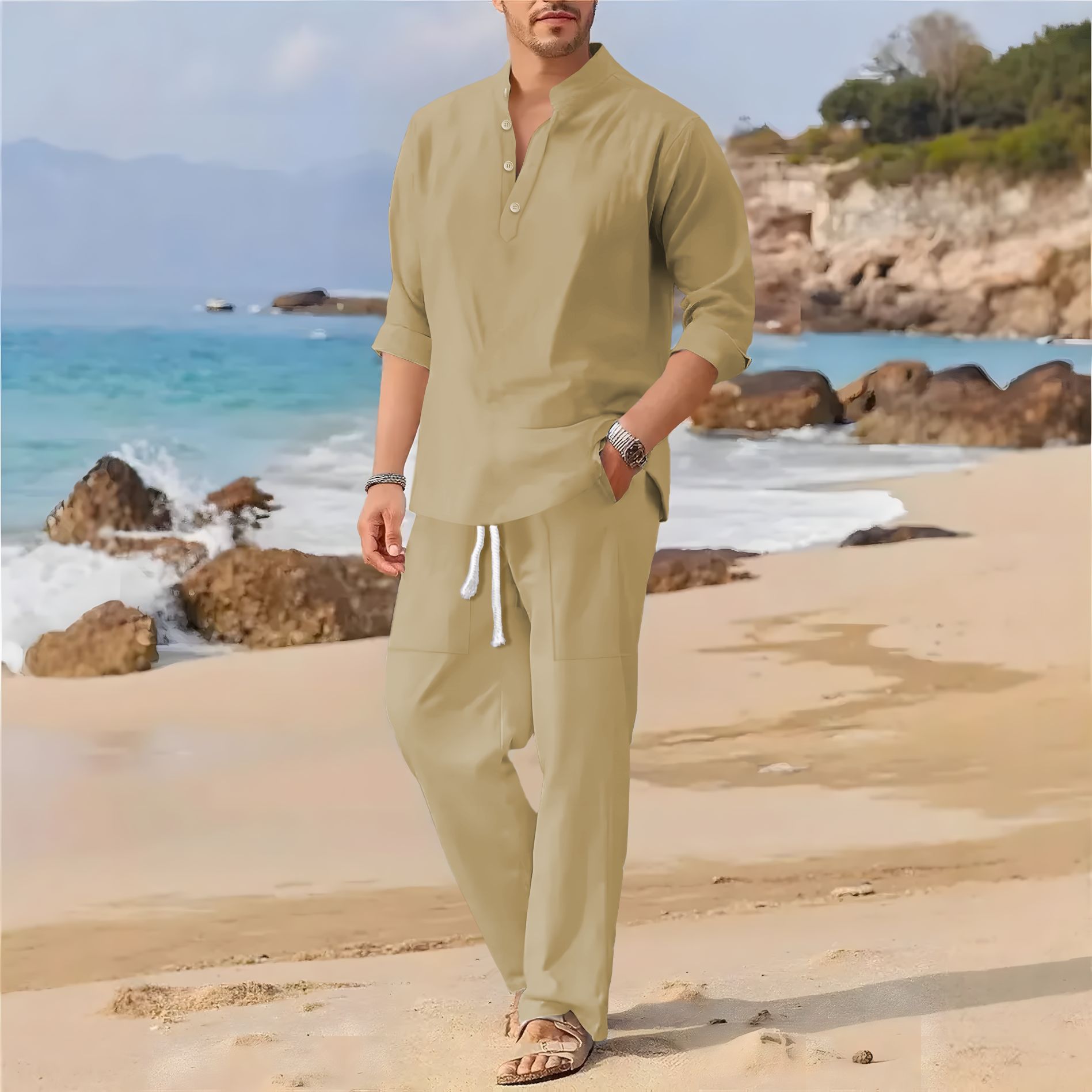 Terno casual masculino retrô d - Linen Fabric Natural avaliação e preço